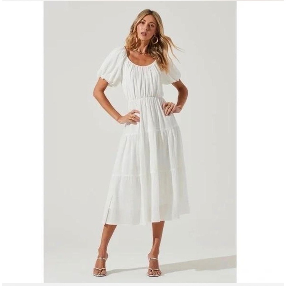 ASTR The Label White Textured Puff Sleeve Tiered Midi Dress ADR100877 Womens XS